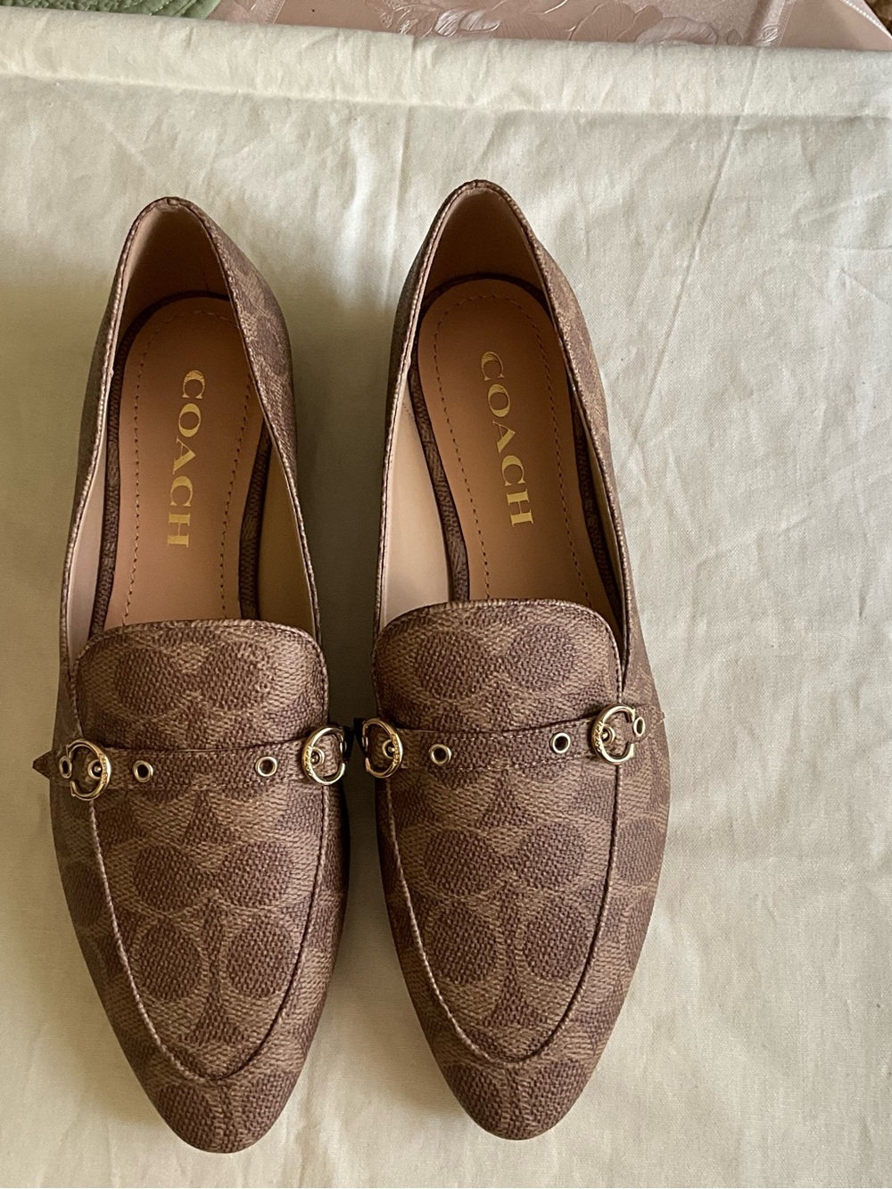 Coach Isabel Brown Signature Canvas Slip-On Loafers with Gold Hardware